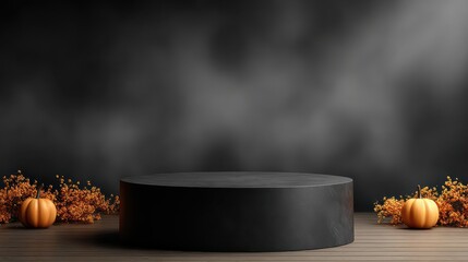 A black podium with pumpkins and orange flowers on a wooden surface against a dark background scene