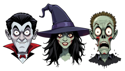 Halloween Characters PNG – Transparent Background Vampire, Witch & Zombie in Cartoon Horror Style Spooky Mascot Graphic
