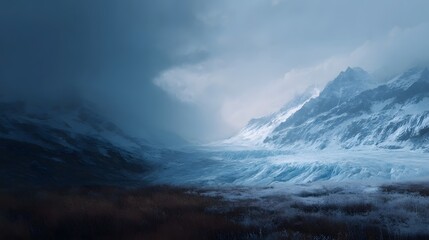Obraz premium A dramatic winter landscape featuring a vast glacier flowing through a mountain valley under moody atmospheric skies