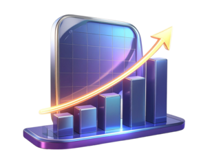 3D Glossy Rising Stock Graph with Bars and Arrow, isolated on transparent background.
