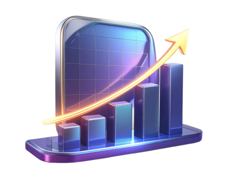 3D Glossy Rising Stock Graph with Bars and Arrow, isolated on transparent background.