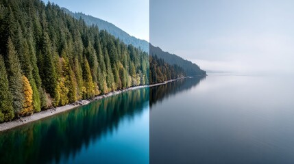 Fototapeta premium Stunning contrasts of a serene lake surrounded by lush forests at dawn in a tranquil natural setting