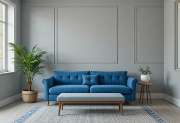 Grey room with blue couch, bench and side table. Front view. 3d rendering.