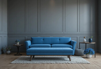Grey room with blue couch, bench and side table. Front view. 3d rendering.