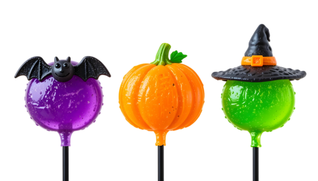 Halloween Lollipops PNG – Transparent Background Purple, Orange, Green Candy with Bat, Pumpkin & Witch Hat Toppers