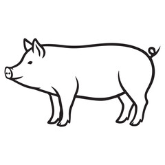 Simple pig line art illustration. Farm animal outline for coloring books, logos, or icons. Black and white vector drawing of a cute domestic hog