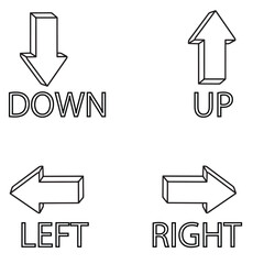 Directional arrows set with up, down, left, and right text. 3D outline icons for navigation and pointers. Black and white vector illustration