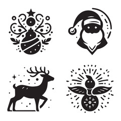 Collection of festive christmas icons depicting classic symbols with a flat black and white design

