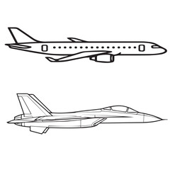 Airplane and fighter jet line art set. Passenger and military aircraft outline illustration for coloring. Aviation vector graphic transport design