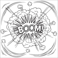 BOOM! comic book explosion effect. Pop art style blast or bang cloud. Black and white cartoon sound effect vector for dynamic action design