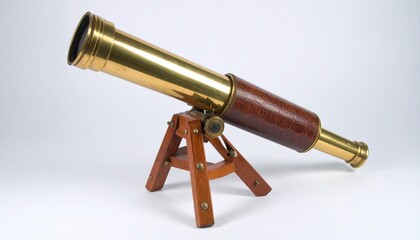 Obraz premium A brass-and-wood telescope stands poised on tripod, echoing vintage craftsmanship and celestial curiosity.