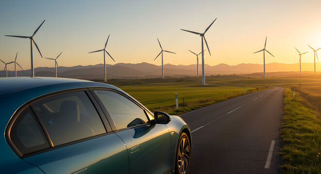 Drive the future modern car traveling scenic road with wind turbines at vibrant sunset energy sustainability innovation