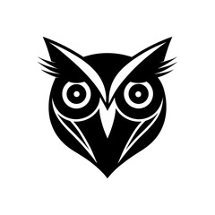 Stylized owl head in black and white art on transparent background silhouette