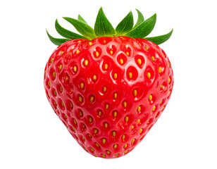 Top-Down Close-Up of Shiny Red Strawberry with Green Leaves, isolated on transparent background.
