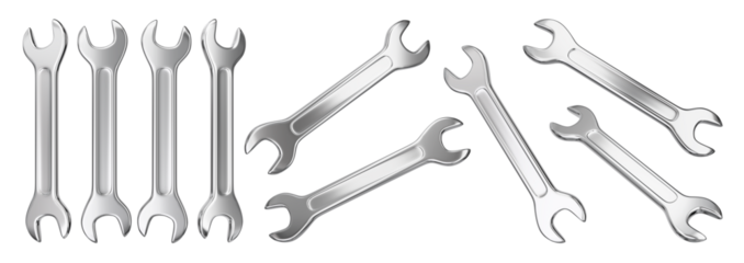 RIsolated realistic chrome wrench tool set from multiple angles. 3D rendering.