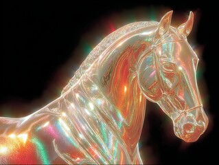 Shimmering horse sculpture with vibrant colors against a dark background in a modern art setting