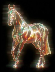 Majestic horse displaying colorful reflections in a vibrant, abstract style during a nighttime setting