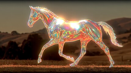 Horse running in a colorful, shimmering landscape during sunset in a serene countryside setting