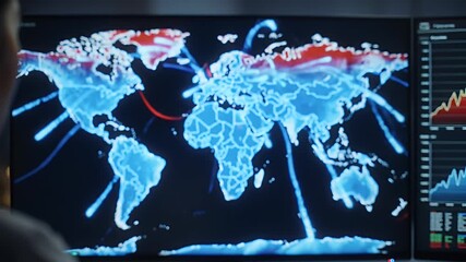Analyst Observing Light Blue World Map with Red Highlighted Zones and Lines on Black Monitor in Office - Powered by Adobe