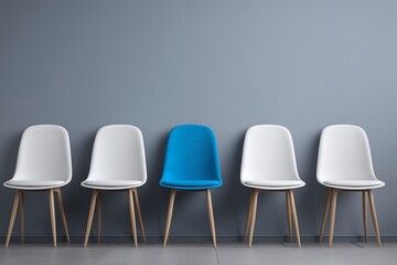Row of chairs, white except for one bright blue seat against a gray wall in a minimalist style. Concept for recruitment process, corporate meeting space and job interview waiting area