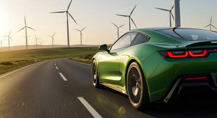 Sleek green electric car cruising on open road with wind turbines in background for sustainable transport future