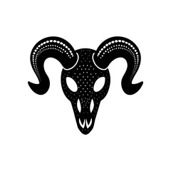 Stylized black ram skull with dotted horns on transparent background silhouette