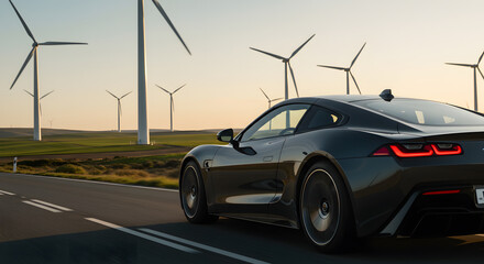 Drive the future modern sports car cruising by wind turbines embodies sustainable energy and automotive technology
