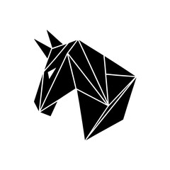 Geometric black unicorn head illustration on transparent background silhouette