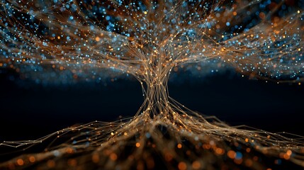 Abstract tree illustration formed by interconnected nodes and lines with luminous particles against dark background, concept for network visualization, data connection and scientific research