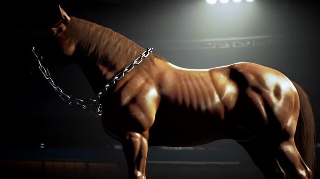 Majestic Brown Horse Standing Tall with Strong Build Under Stadium Lighting Chain Halter in Dark Arena