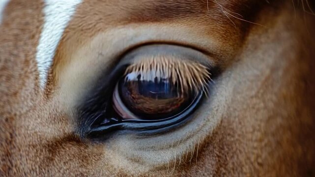 A close-up view of a brown horse's eye with a distinctive iris pattern and eyelashes