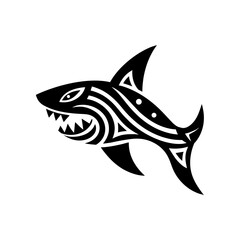Stylized black shark with tribal patterns on transparent background silhouette