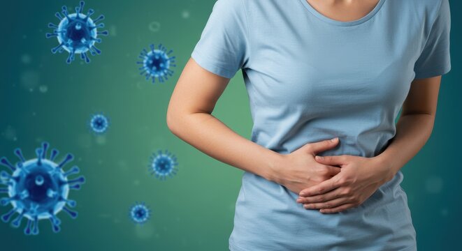 Woman holding abdomen showing stomach pain or illness