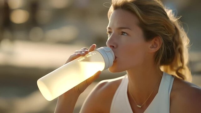 female adult checking hydration level with smart water bottle subtle glow preventive wellness daily habit three quarter wide angle cinematic color correction gentle backlight