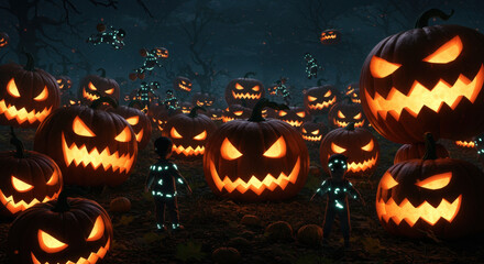 Halloween Spooky Jack-o'-Lanterns Glowing Menacingly in Dark Mysterious Forest