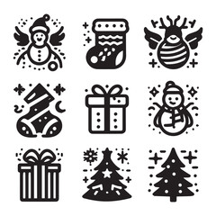 Collection of festive christmas icons depicting classic symbols with a flat black and white design
