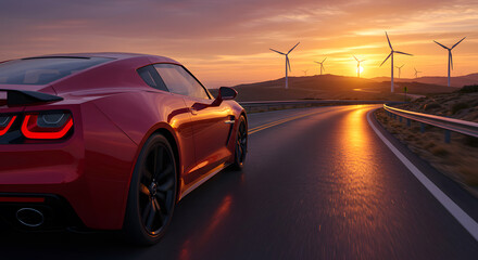 Experience freedom on the open road with a vibrant red sports car and wind turbines at sunset, a modern landscape