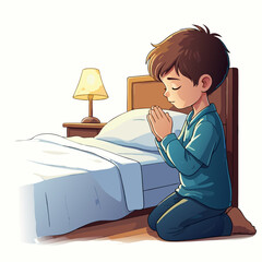 Young Boy Kneeling in Prayer with Hands Clasped Eyes Closed.