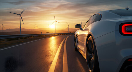 Experience freedom with a modern car driving towards wind turbines at sunset on a scenic road trip