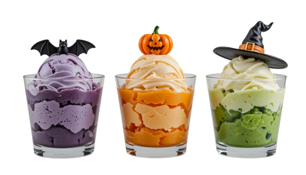 Halloween Ice Cream Glasses PNG – Transparent Background Purple, Orange, Green Scoops with Bat, Pumpkin & Witch Hat Toppers