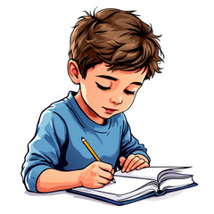 Young boy with redstreaked hair diligently writing in a book.