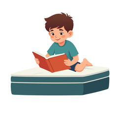 Young boy with white hair happily reading a book on a mattress.