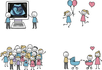 Cartoon family vector illustration with ultrasound pregnancy scan, happy children playing, large family group, newborn baby in stroller, parenting and love