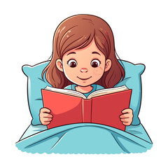 Young girl engrossed in reading a red book in bed.