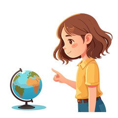 Young Girl in Yellow Shirt Pointing at a Globe Illustration.