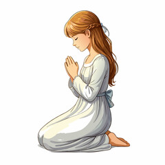 Young Girl Kneeling in Prayer with Hands Clasped and Eyes Closed.