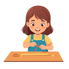 Young girl with white hair using a compass on a wooden table.