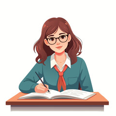 Young Student with Glasses Writing in Notebook at Desk.