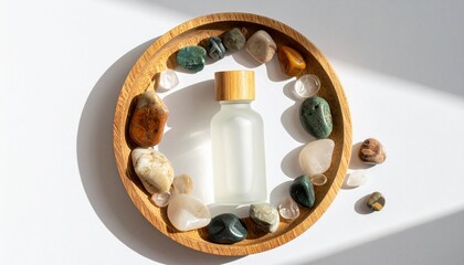A glass bottle rests on a wooden dish, encircled by radiant crystals in natural light.