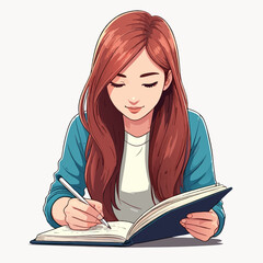Young Woman with Long Red Hair Writing in Notebook Smiling.